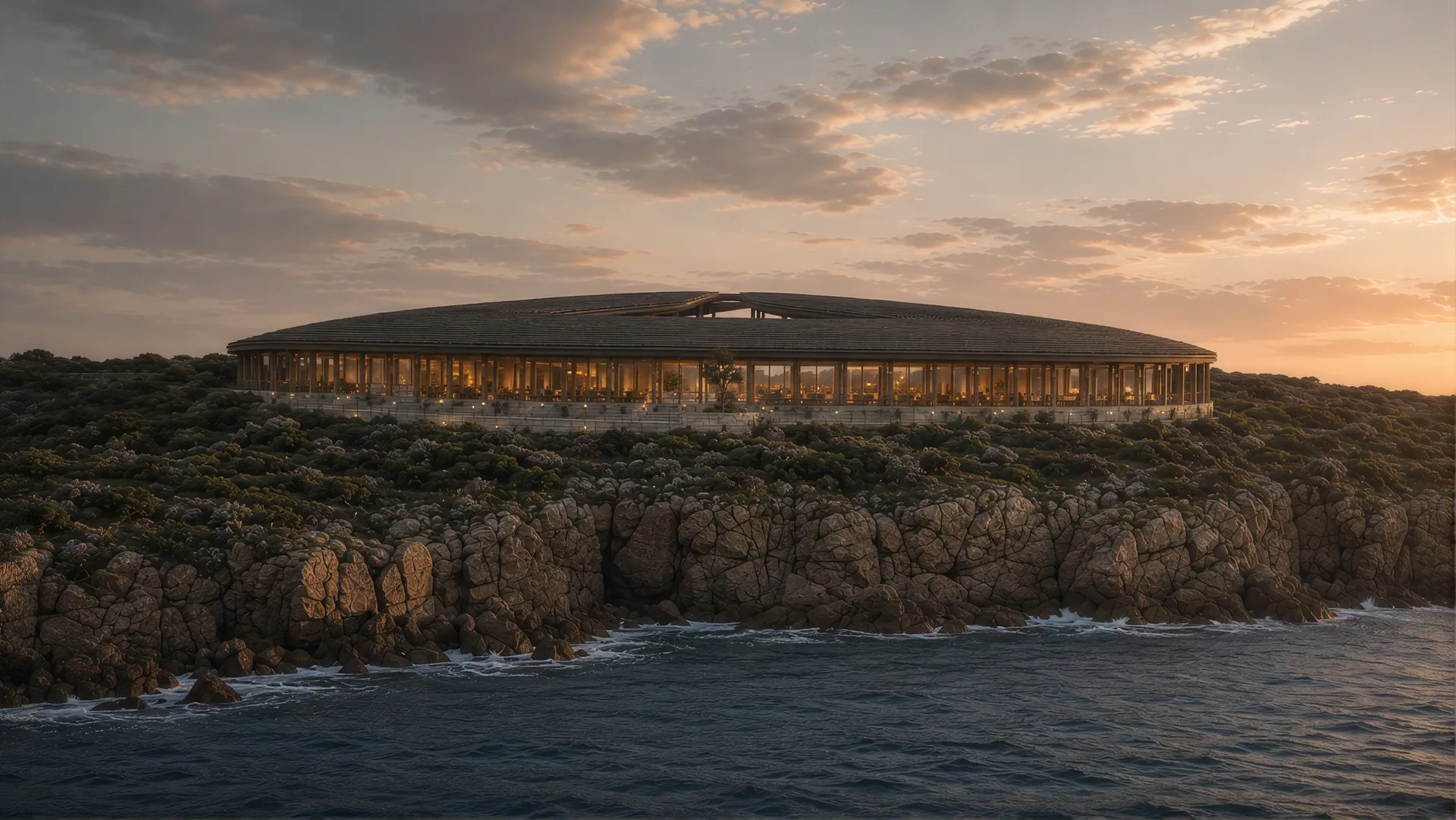 The retreat's long curved roofline on the clifftop above the Atlantic at sunset