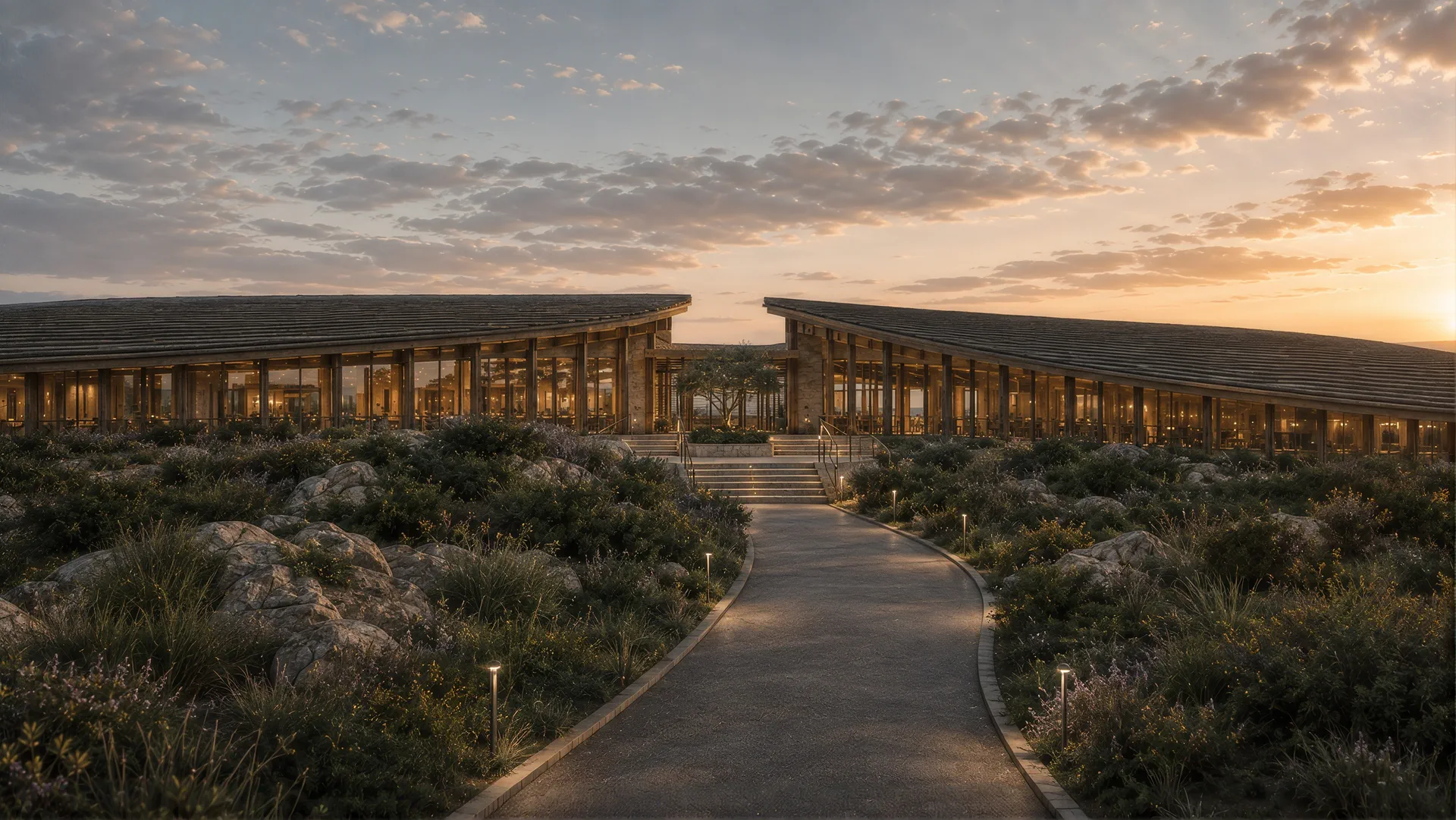 A lit path through low planting leading between the two wings of the retreat at dusk