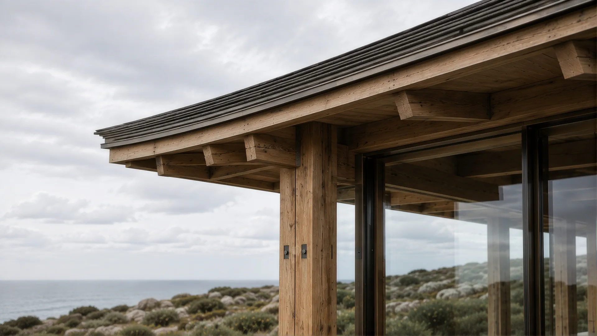 Deep timber eaves and glazing seen from below against an overcast sky