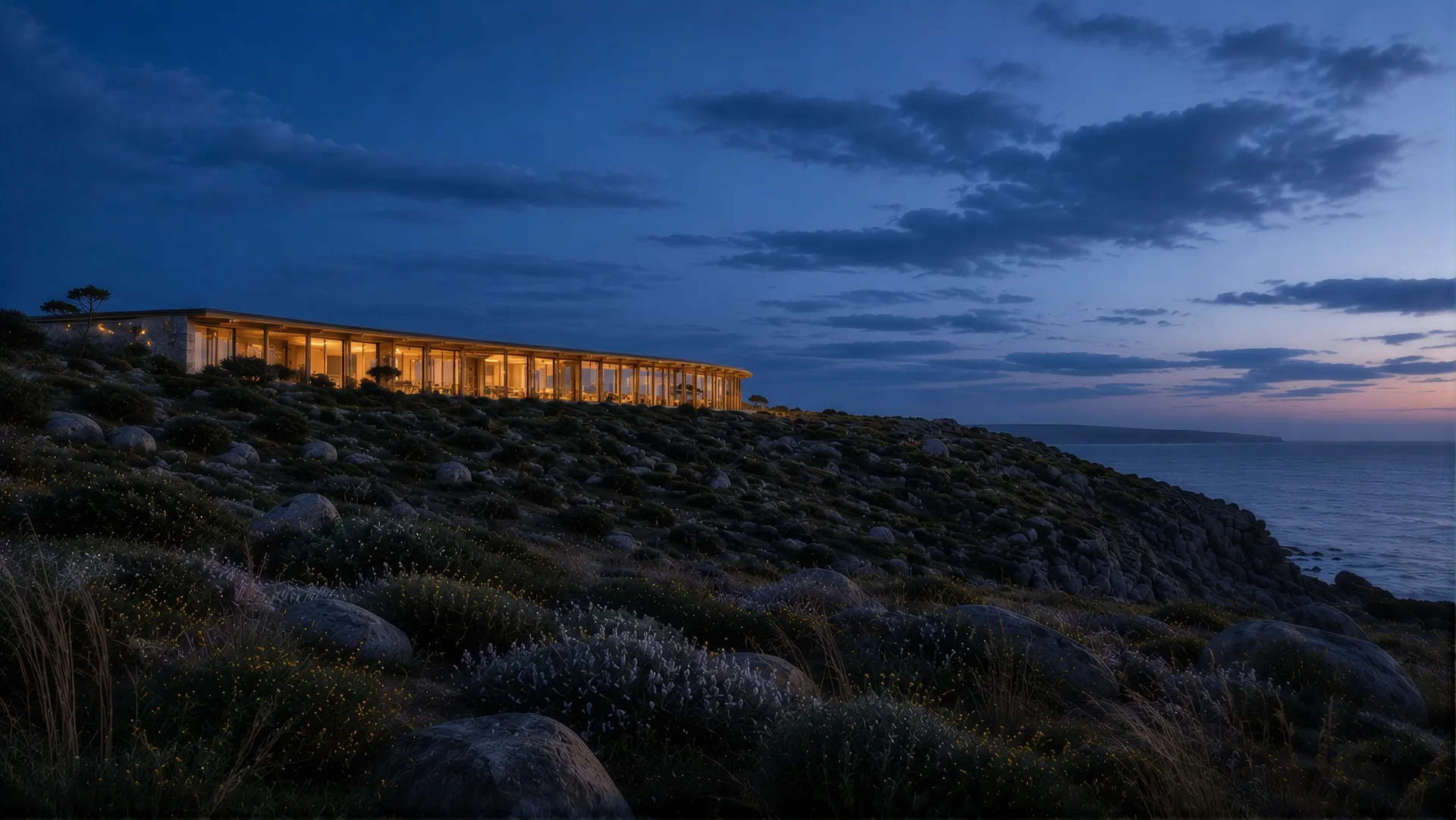 The retreat glowing along the clifftop under a deep blue evening sky