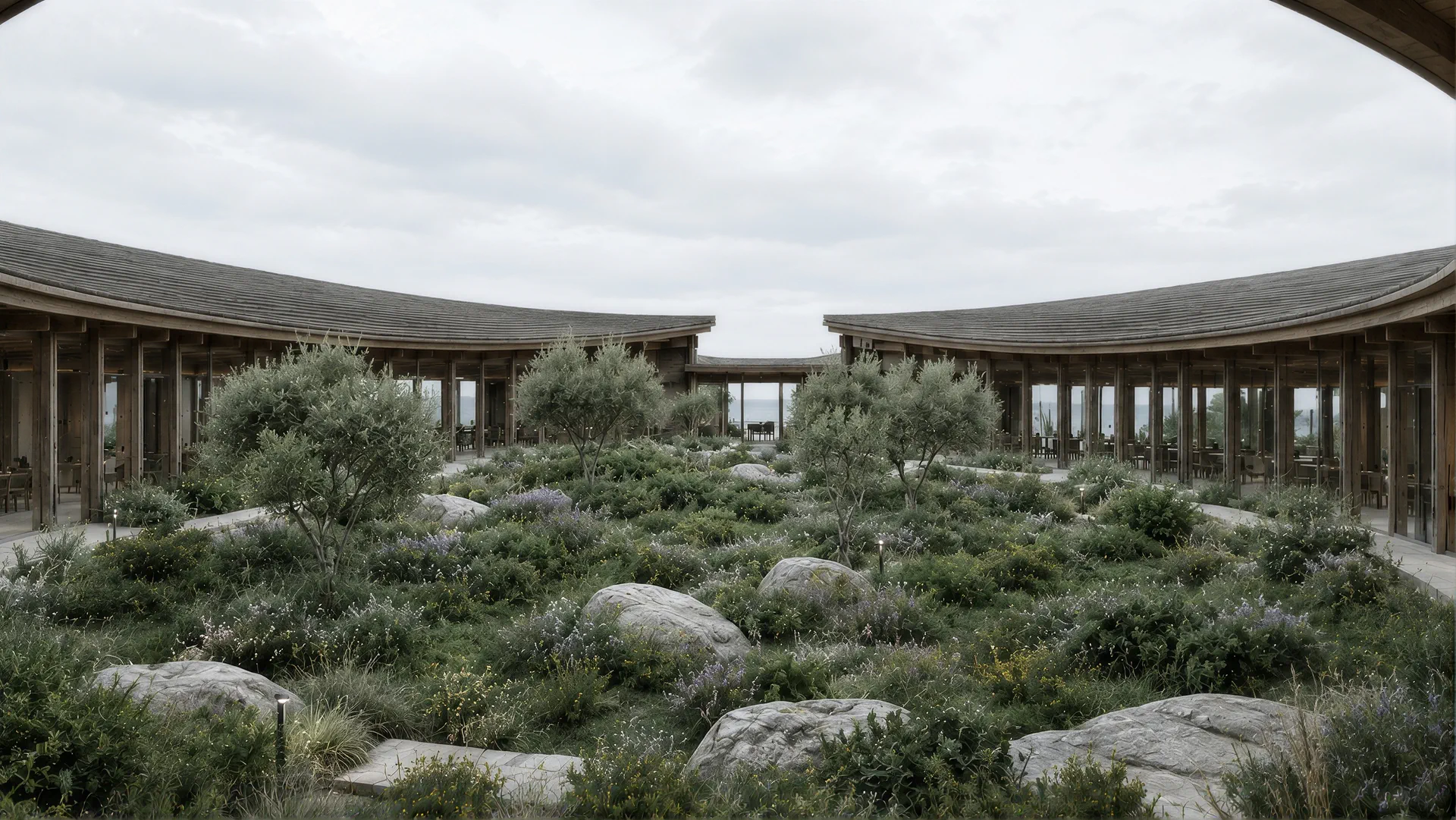 The planted inner courtyard enclosed by the curving timber colonnade