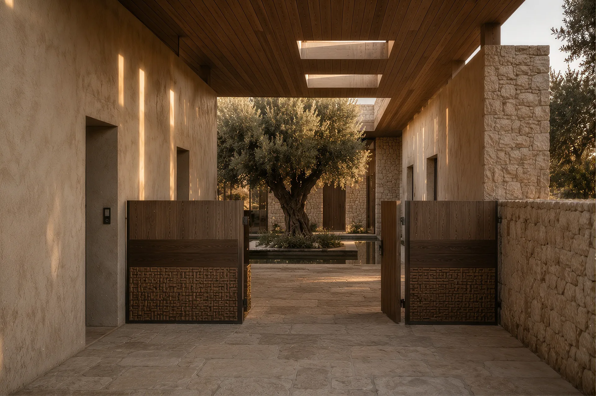 Entrance passage with timber gates opening onto a courtyard and an olive tree
