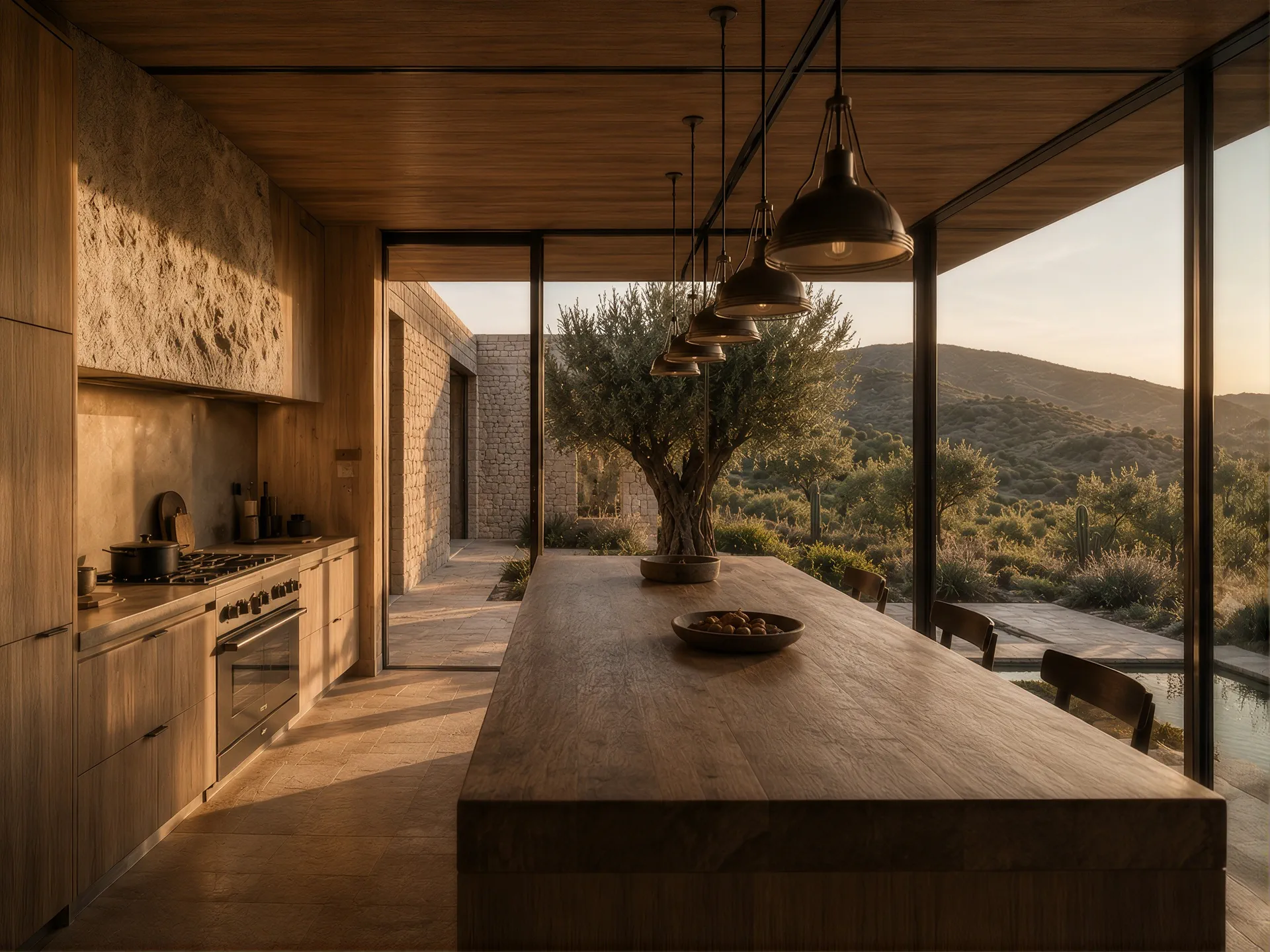 Kitchen with a long timber island, pendant lights and glazing onto the hills