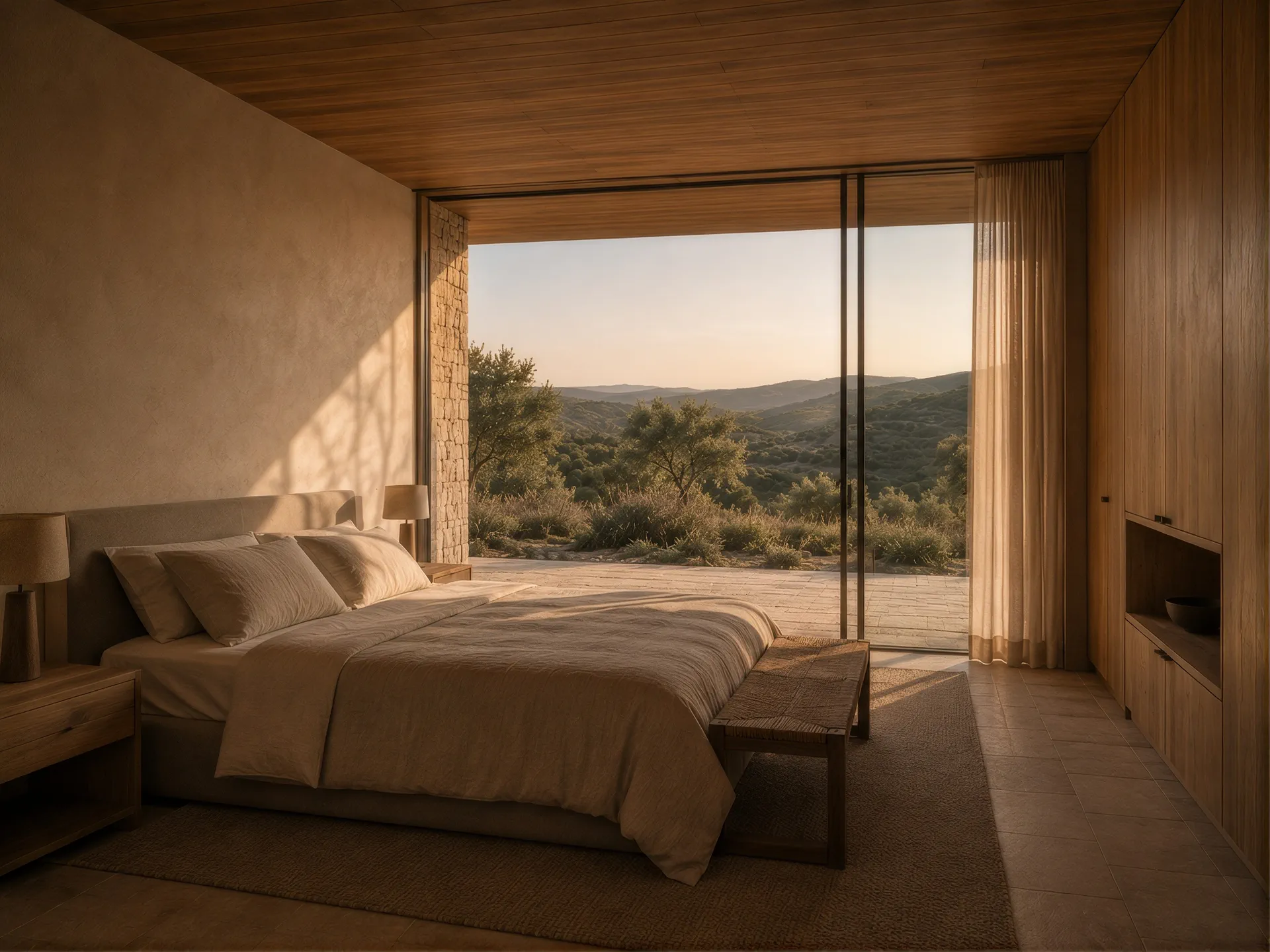 Bedroom with a full-height window framing the wooded valley