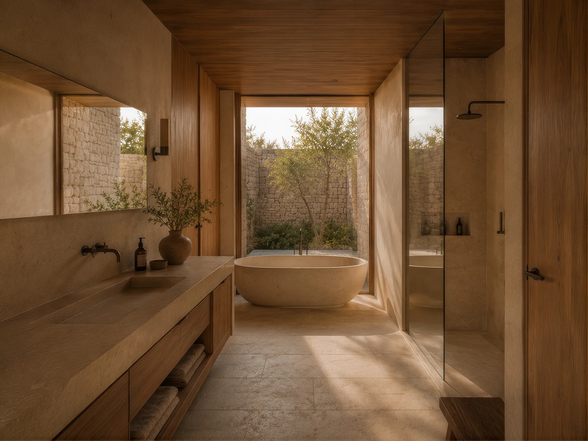 Bathroom with a stone bath facing a small walled garden
