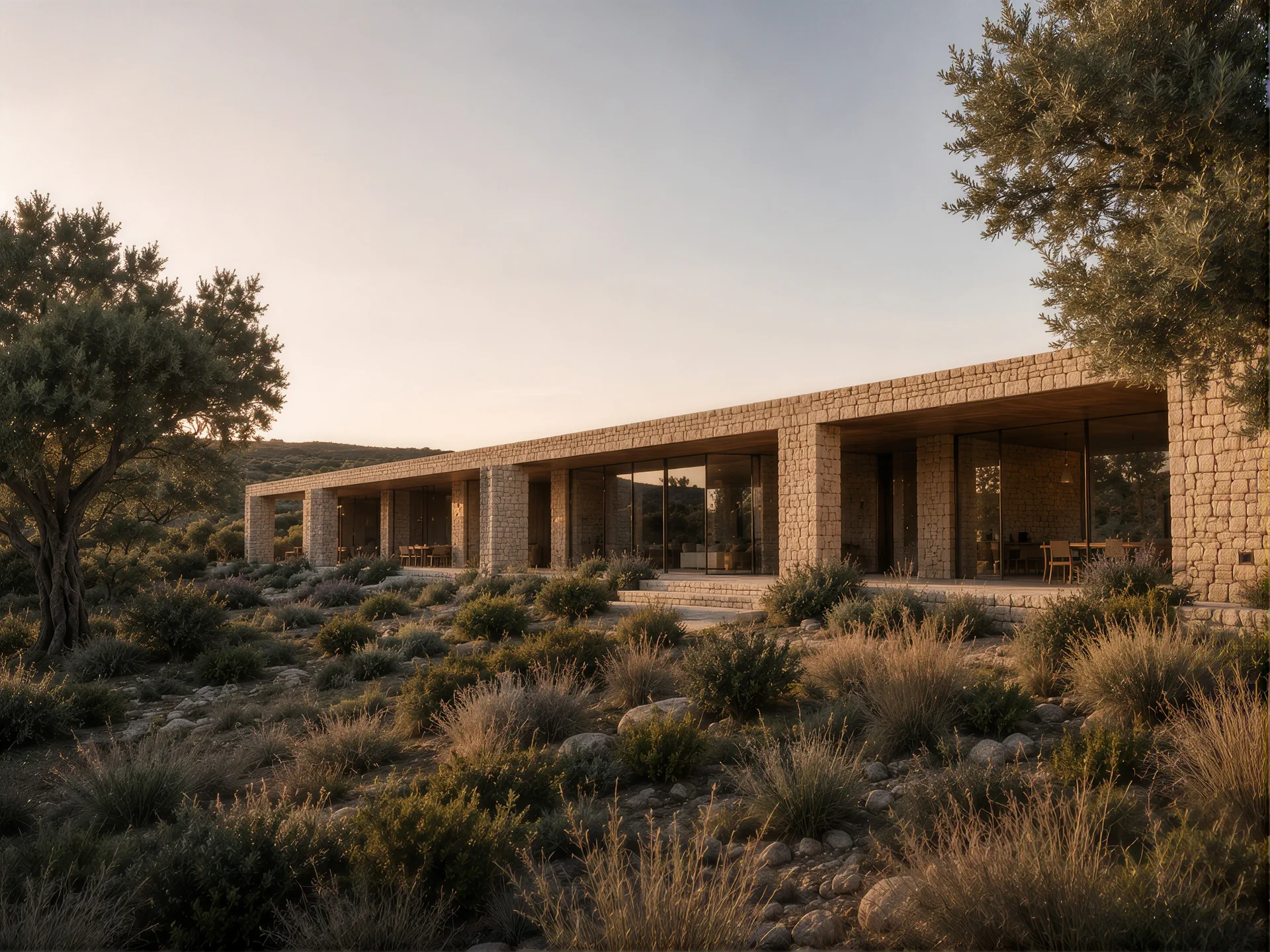 The long stone house seen across dry scrub and olive trees at sunset