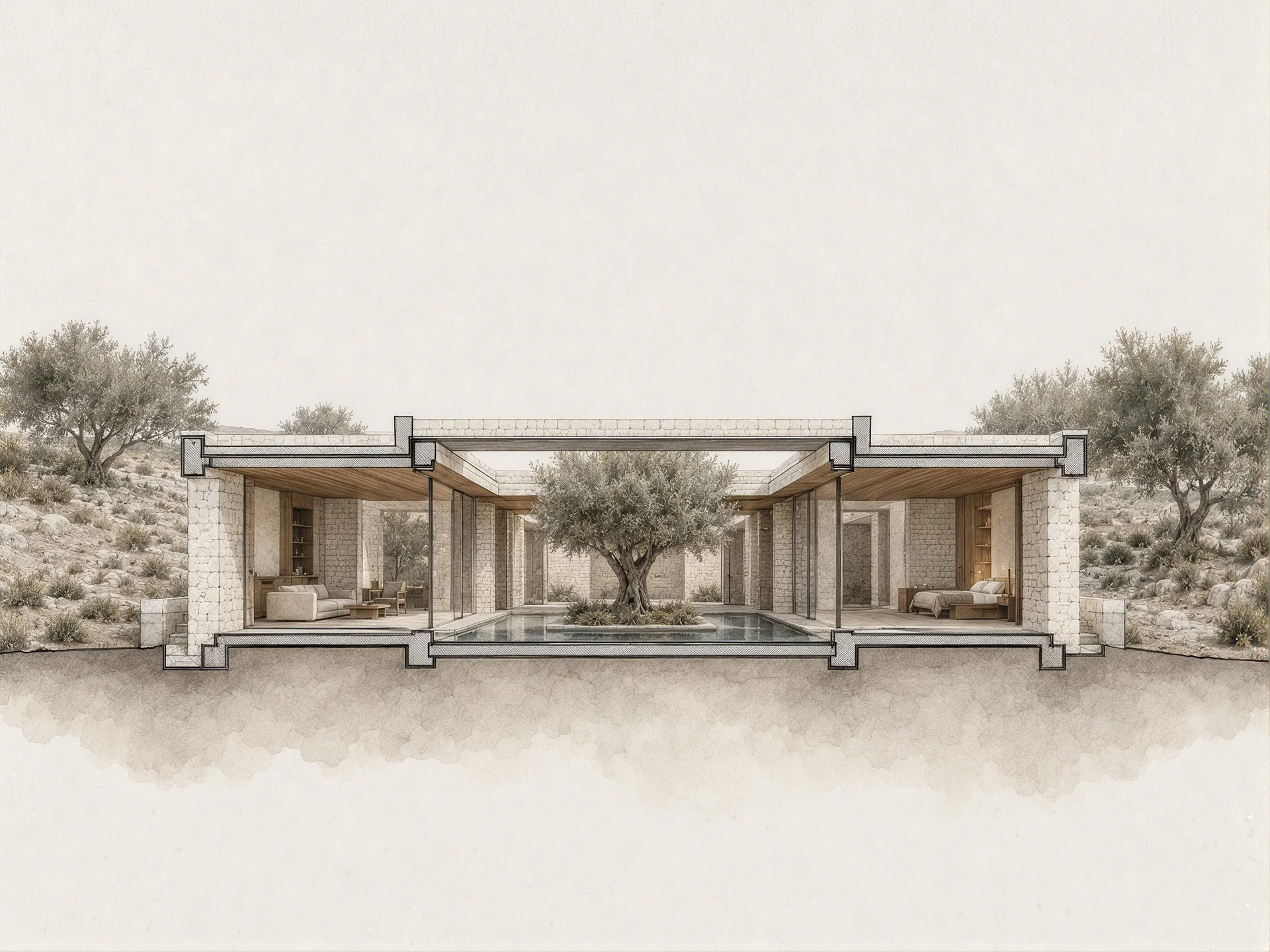 Section drawing through the house showing the courtyard, pool and olive tree