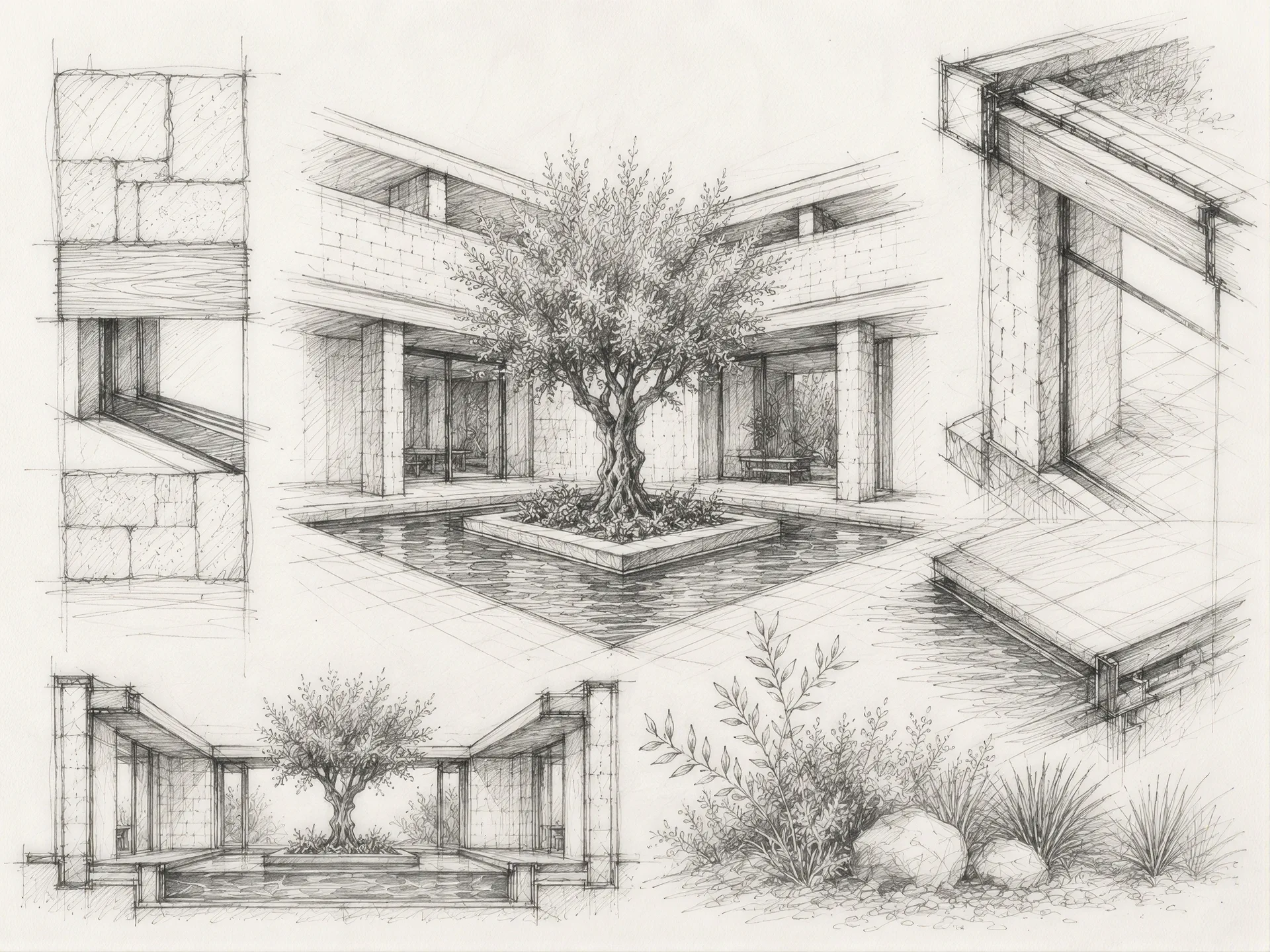Pencil sketches of the courtyard, olive tree and stone wall details