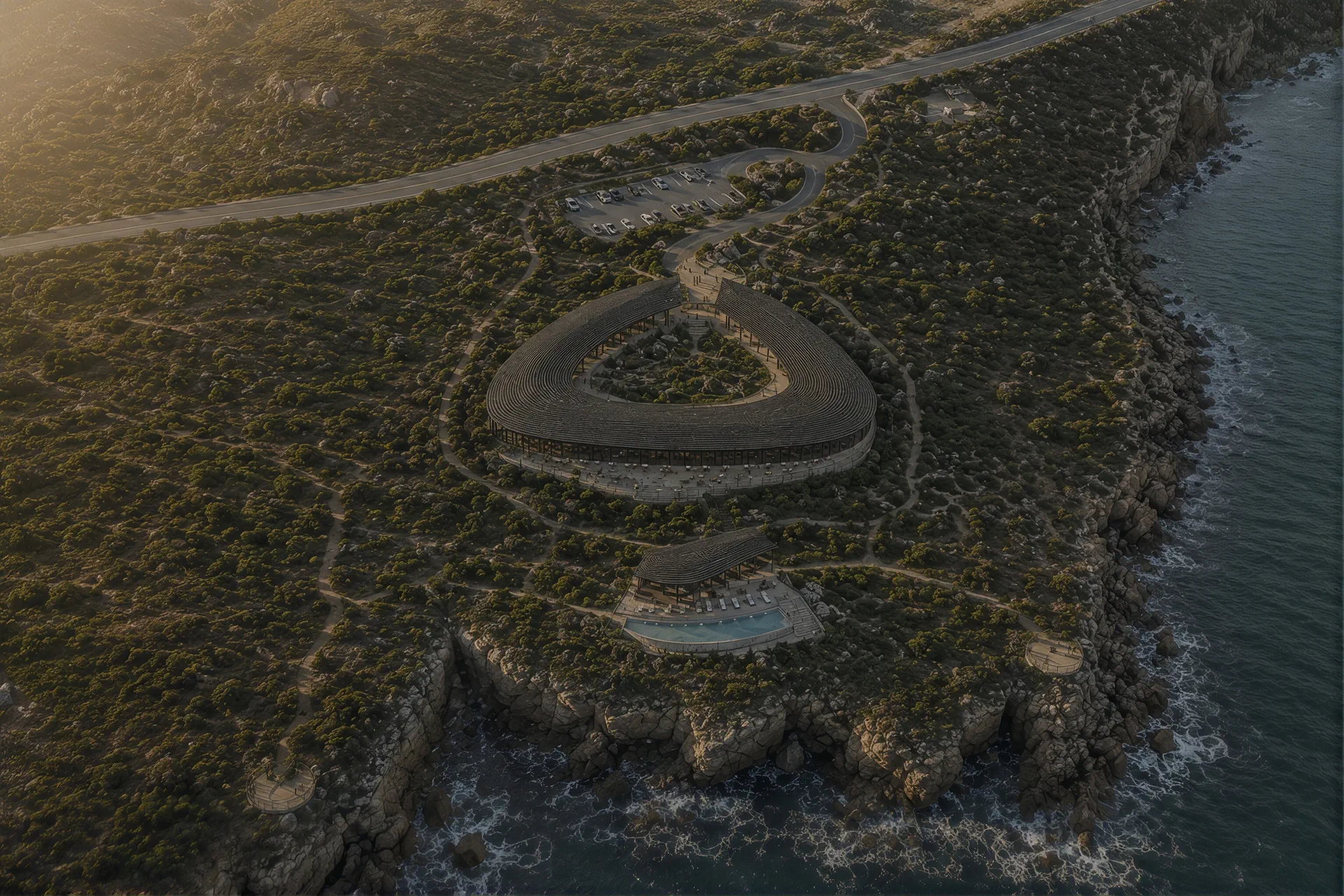 Aerial view of the ring-shaped retreat set into coastal scrub above the cliffs