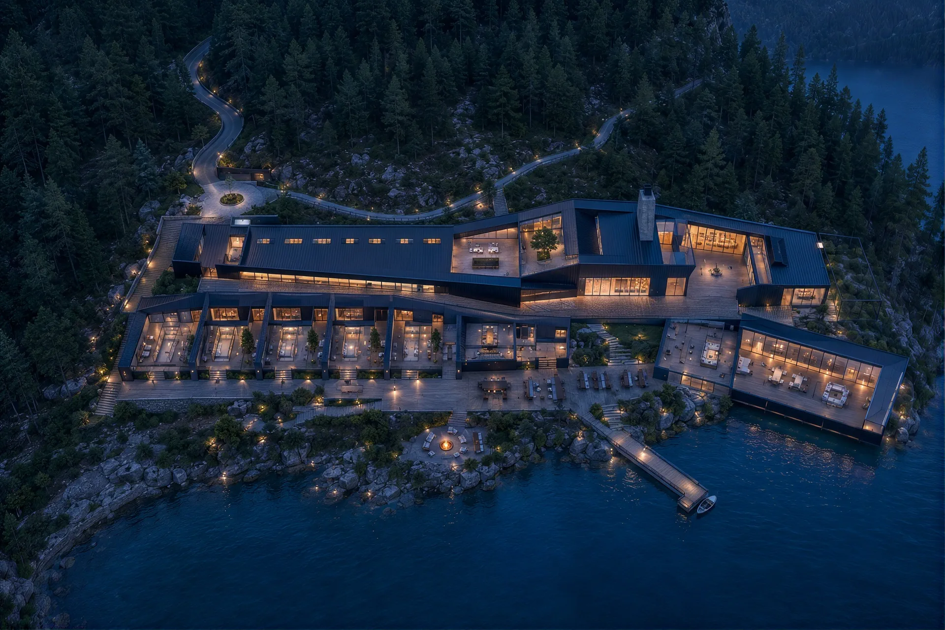 Aerial view at night of the lit buildings and jetty on the forested lakeshore