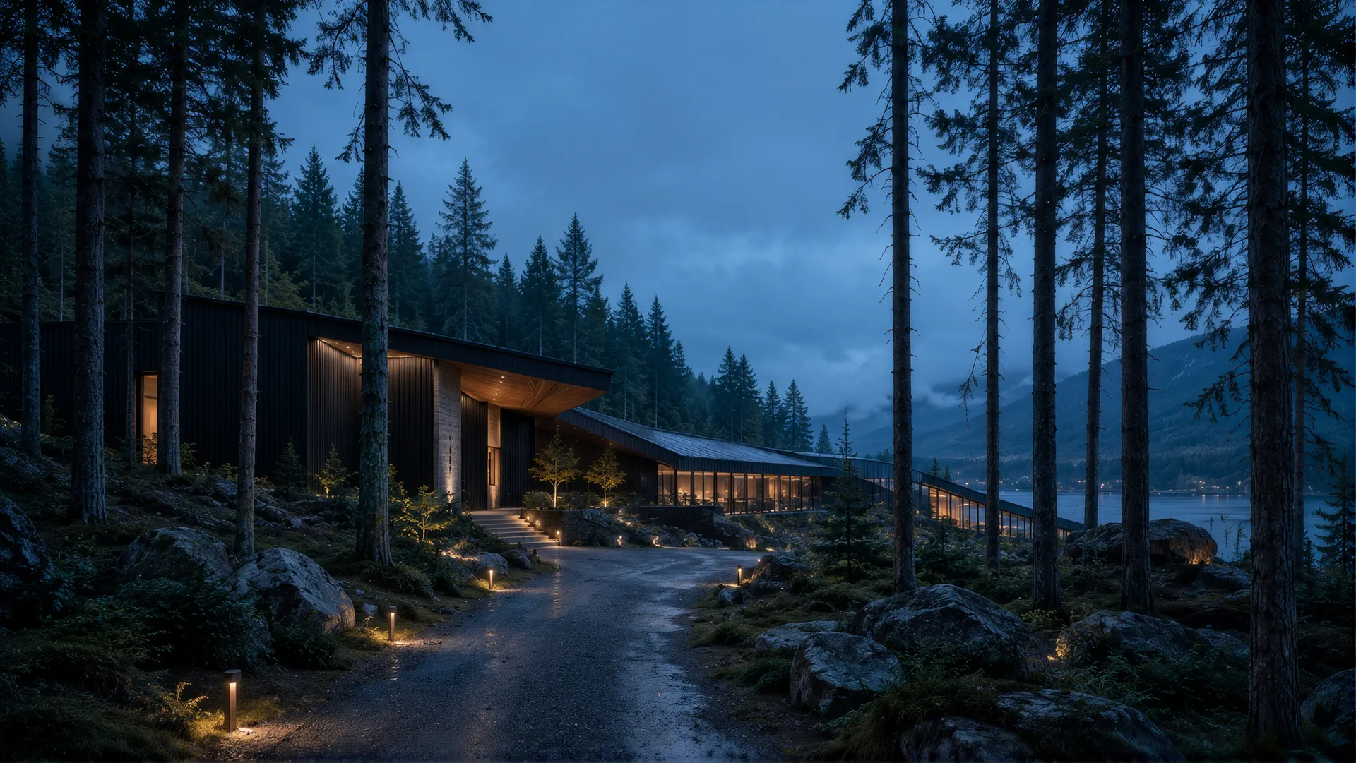 A lit path through tall pines leading to the low buildings by the lake