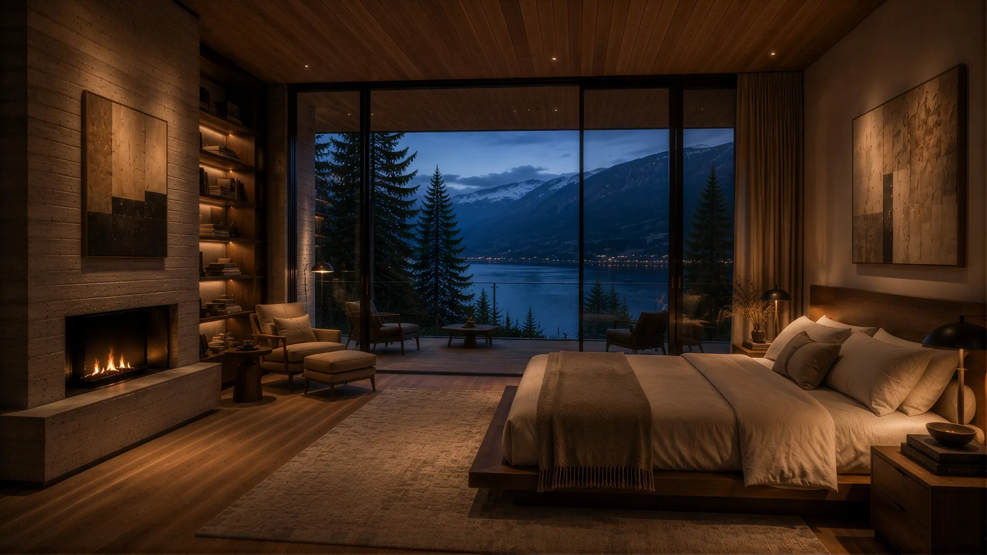 Bedroom with a fireplace and a wall of glass onto the lake and mountains