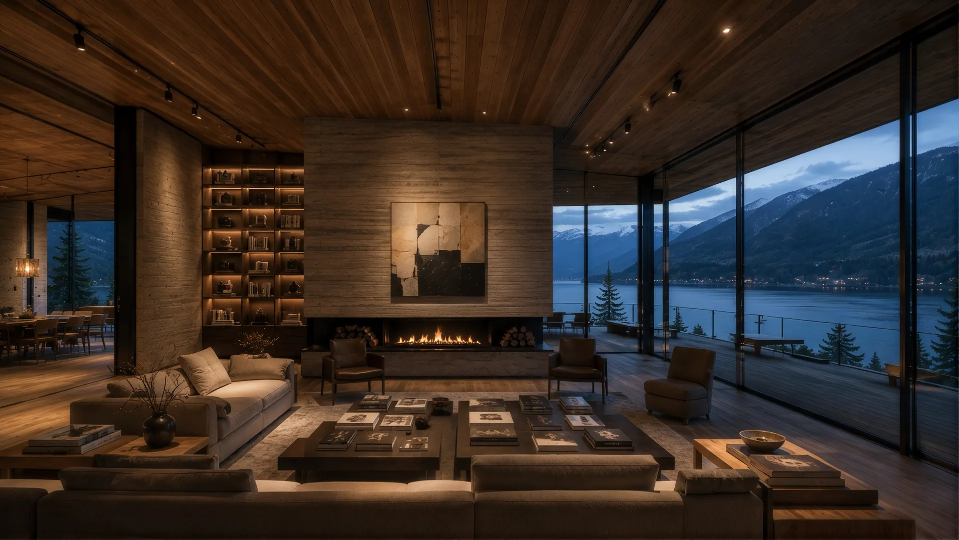 Living room with a stone fireplace, bookshelves and glazing onto the lake