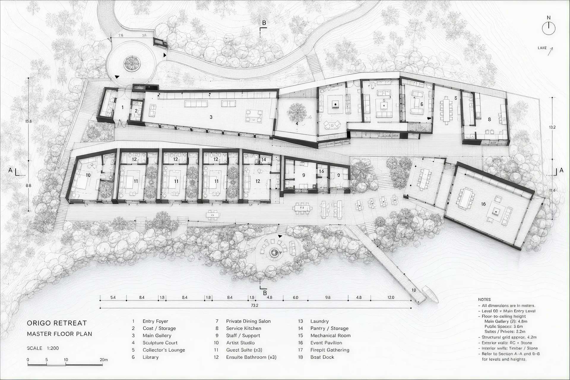 Master floor plan of the retreat along the shoreline