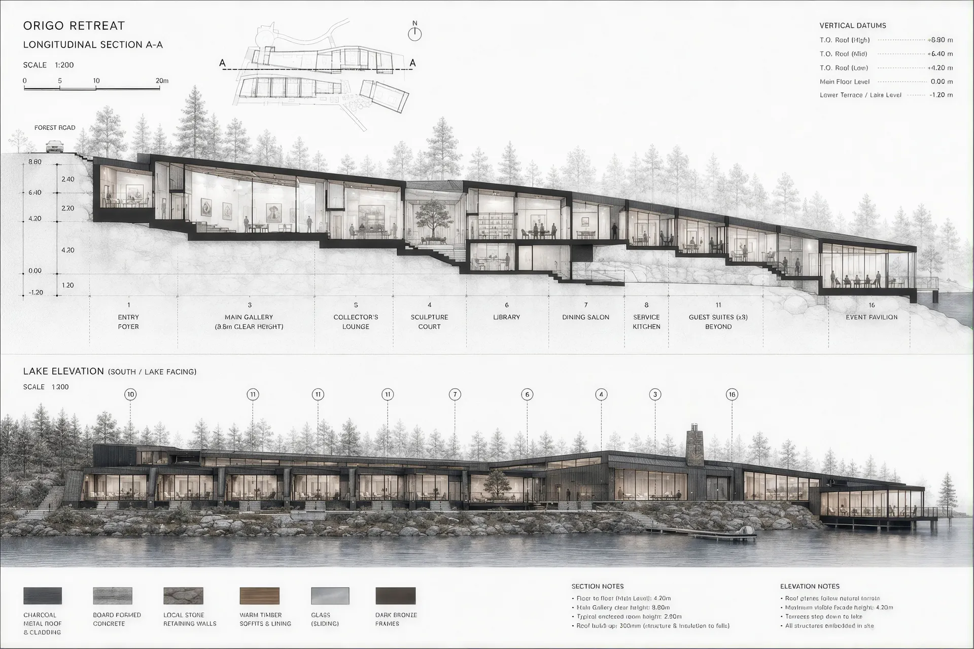 Section and lake elevation drawings of the stepped buildings