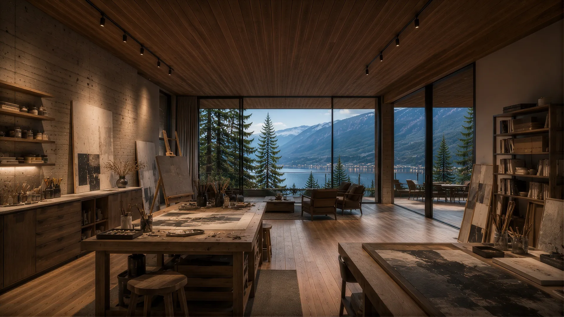 Artist studio with worktables and a large window onto the lake