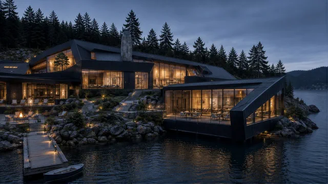 Timber houses lit at dusk along a forested lakeshore