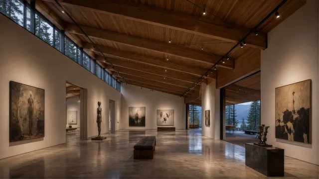 Long gallery hall with a timber ceiling and warm light on the walls