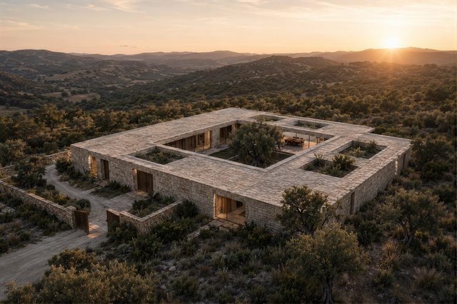 Aerial view at sunset of a stone courtyard house in wooded hills