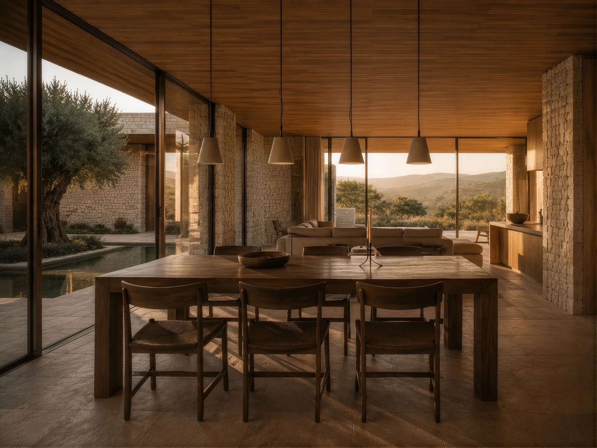 Dining room with a long timber table and glass walls opening to the hills at dusk