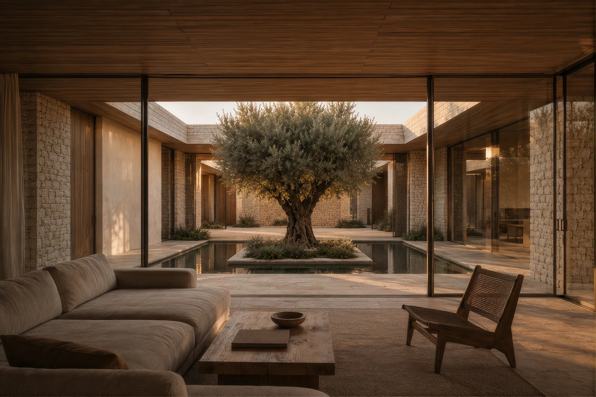 Living room facing an inner courtyard with a pool and a mature olive tree