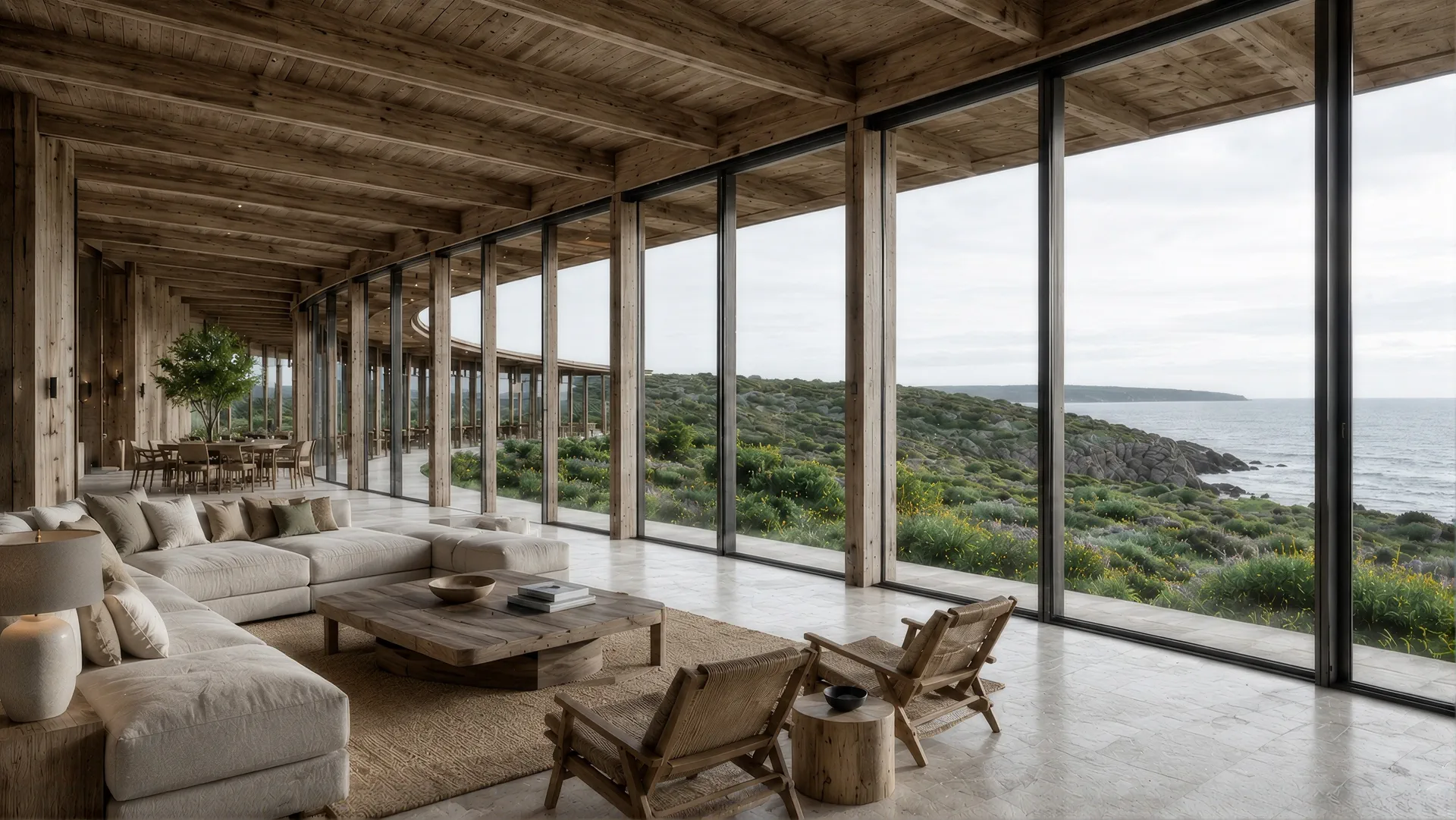 Long glazed lounge with timber ceiling overlooking the coastline and the ocean