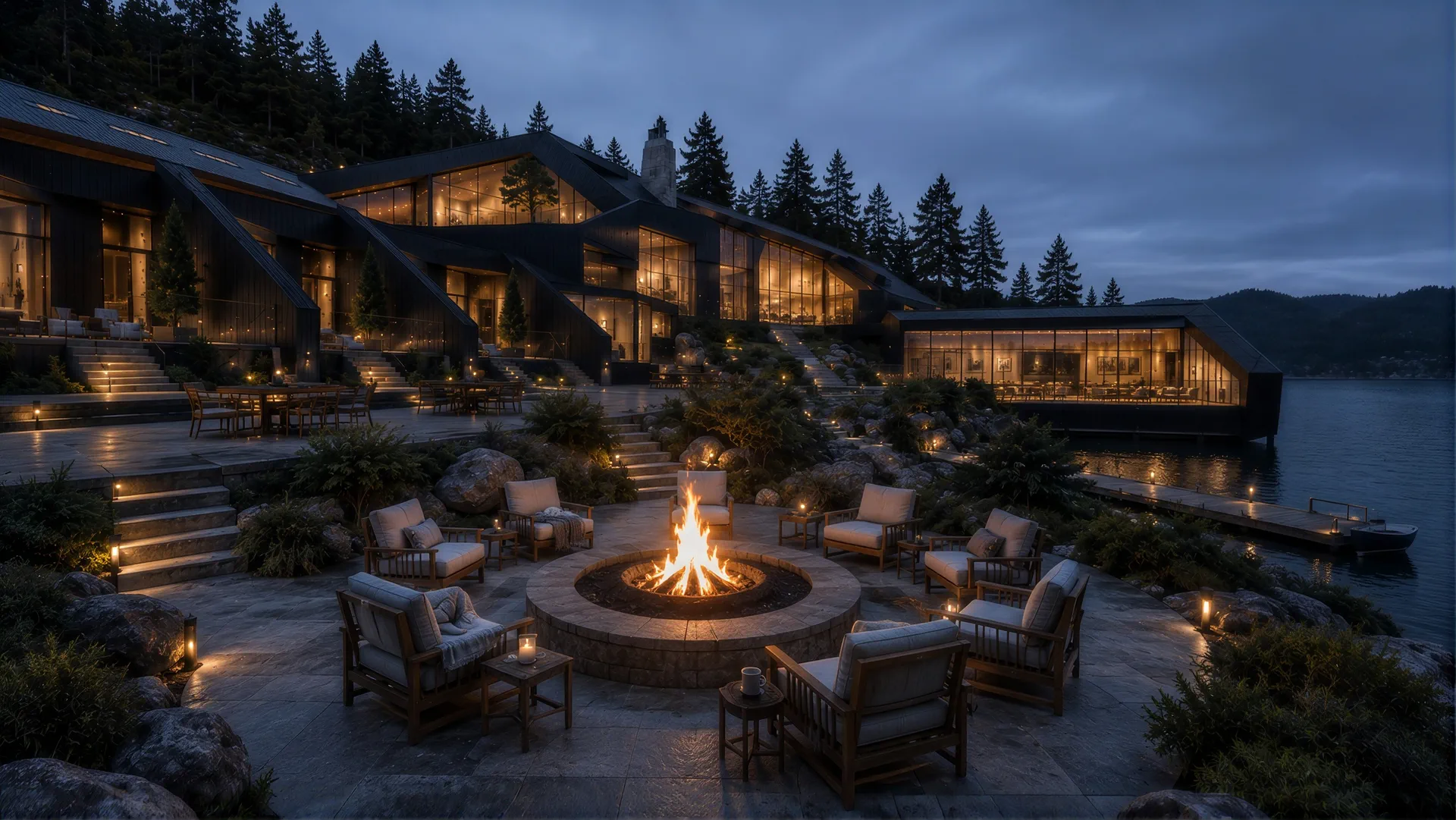 Terrace with a fire pit and lounge chairs below angular lit buildings by the lake
