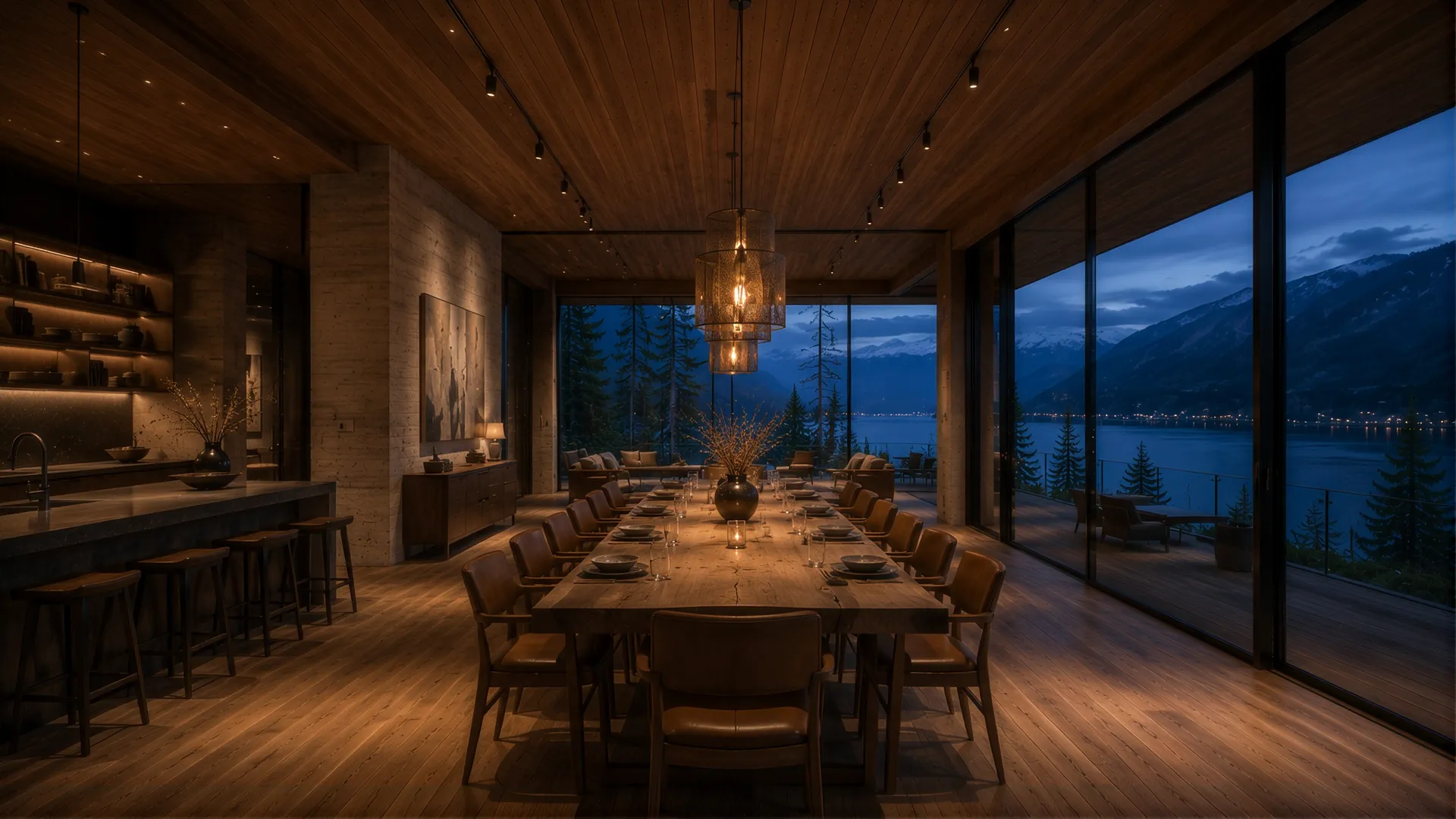 Dining hall with a long table and full-height windows onto the lake at night